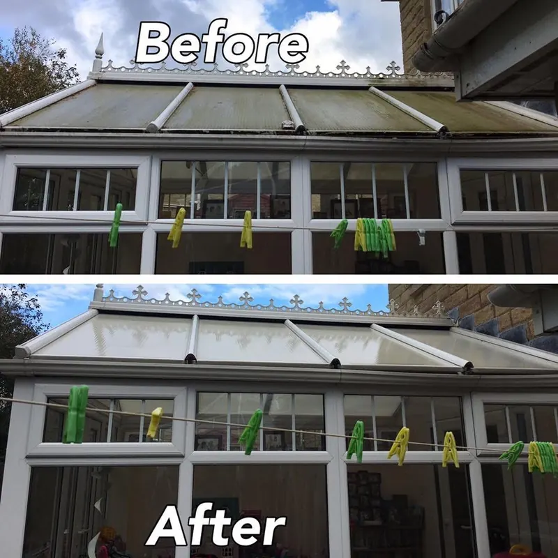 Conservatory roof before and after cleaning, green dirt removed